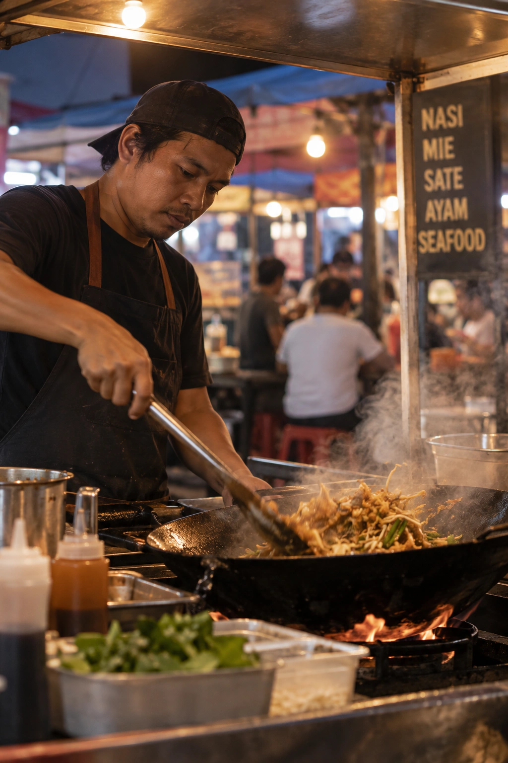 Street food vendor cooking noodles in a hot wok at a busy Southeast Asian night market.