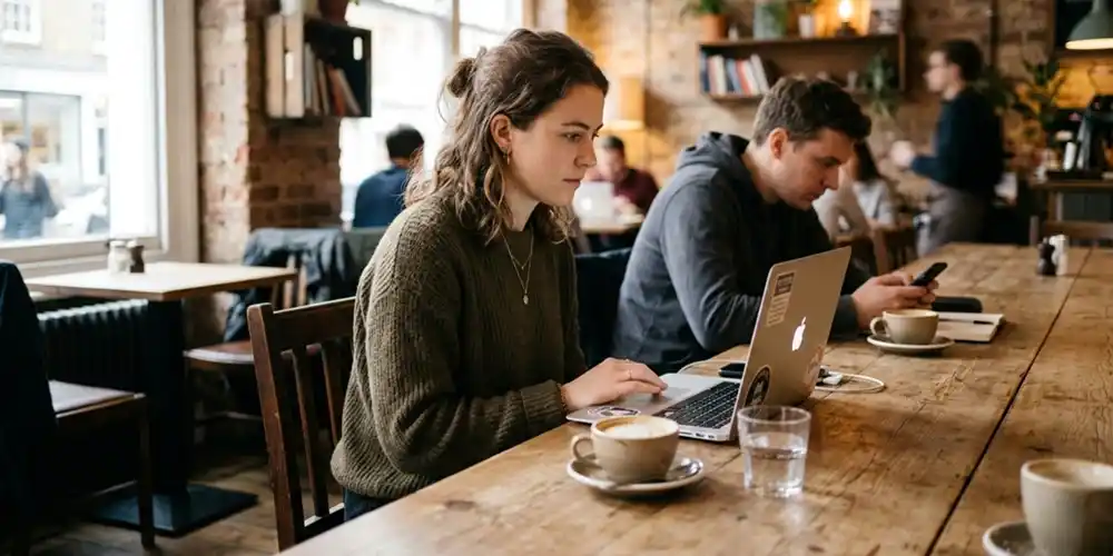 Two people sitting together in a café working separately on laptops.