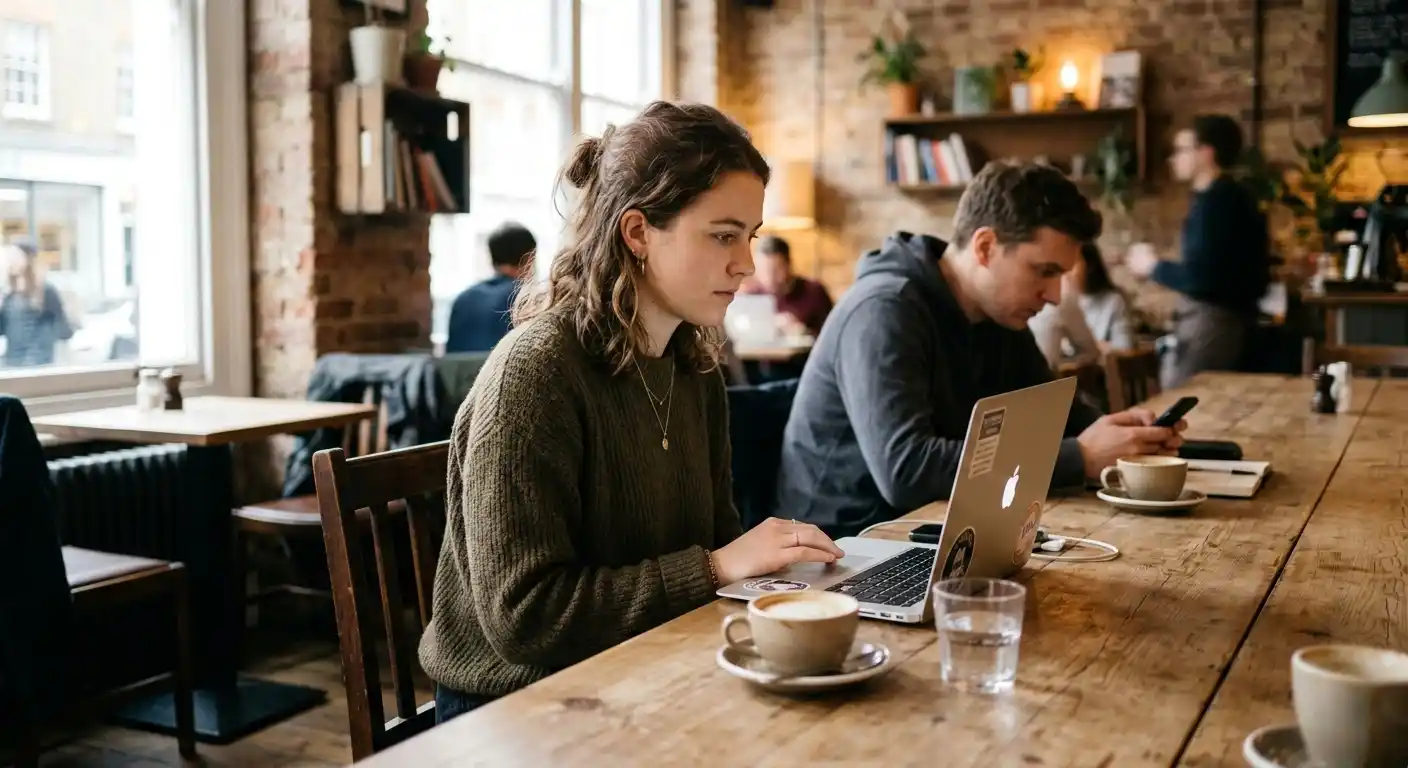 Two people sitting together in a café working separately on laptops.