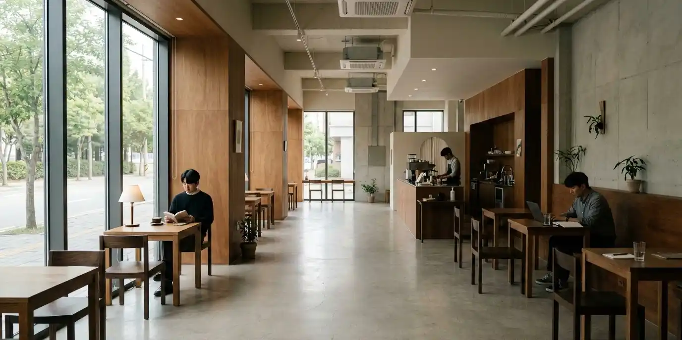 Two people sitting apart in a modern café, each focused on their own activity.