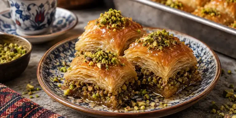 Three pieces of golden Turkish baklava topped with chopped pistachios on a patterned plate, with Turkish coffee and more baklava softly blurred in the background.