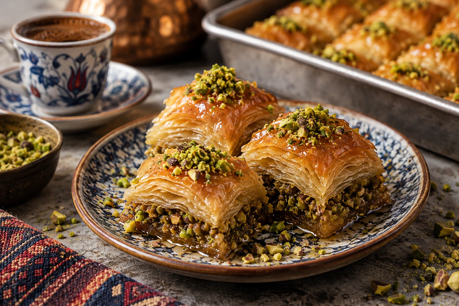 Three pieces of golden Turkish baklava topped with chopped pistachios on a patterned plate, with Turkish coffee and more baklava softly blurred in the background.