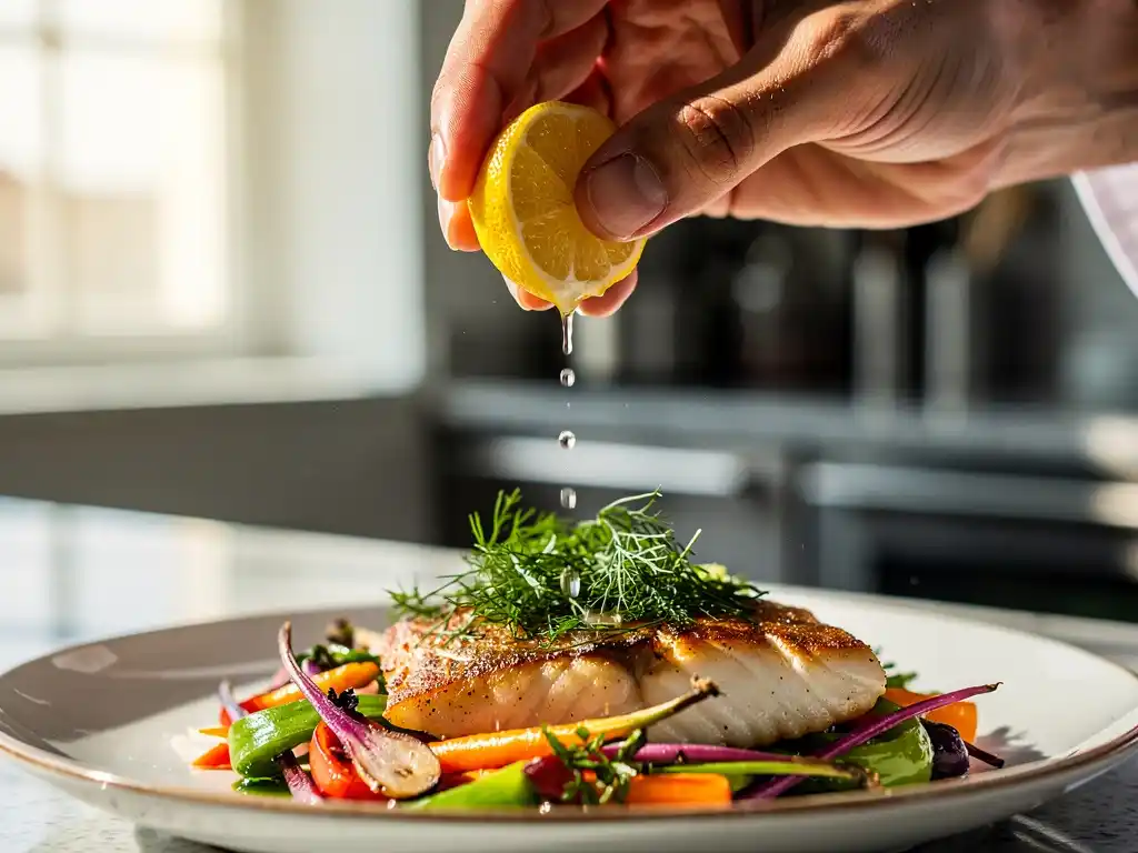 Chef squeezing fresh lemon juice over a plated dish to enhance flavour and balance.
