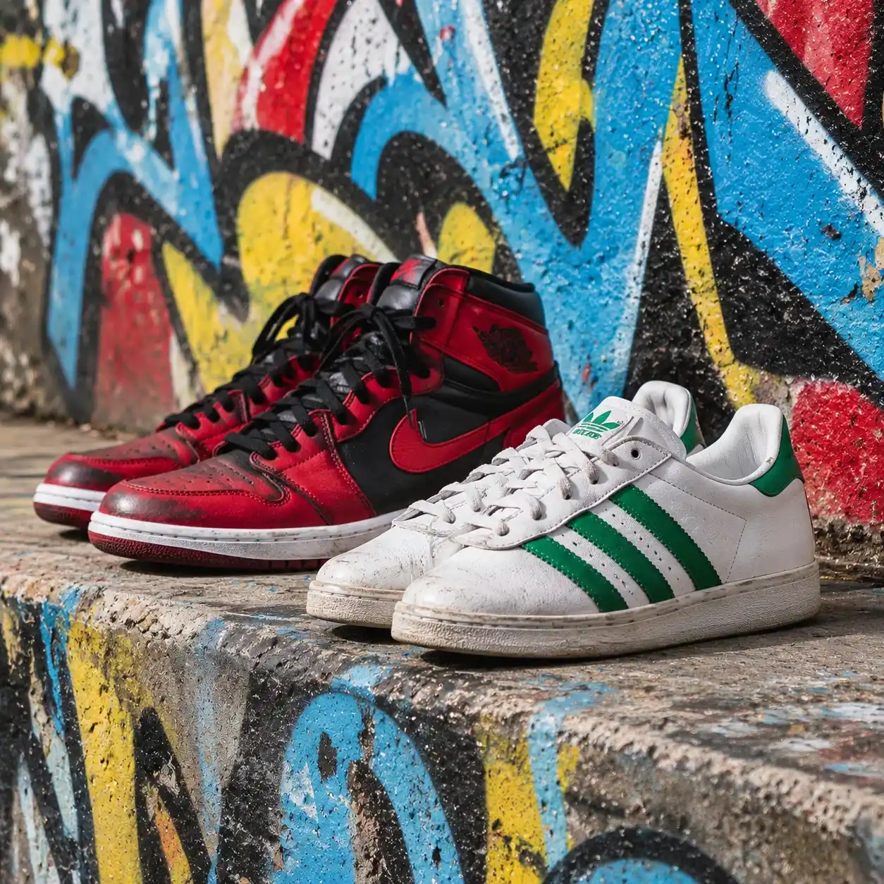 Red-and-black Air Jordan 1 high-tops beside white Adidas sneakers with green stripes on a graffiti-painted step.