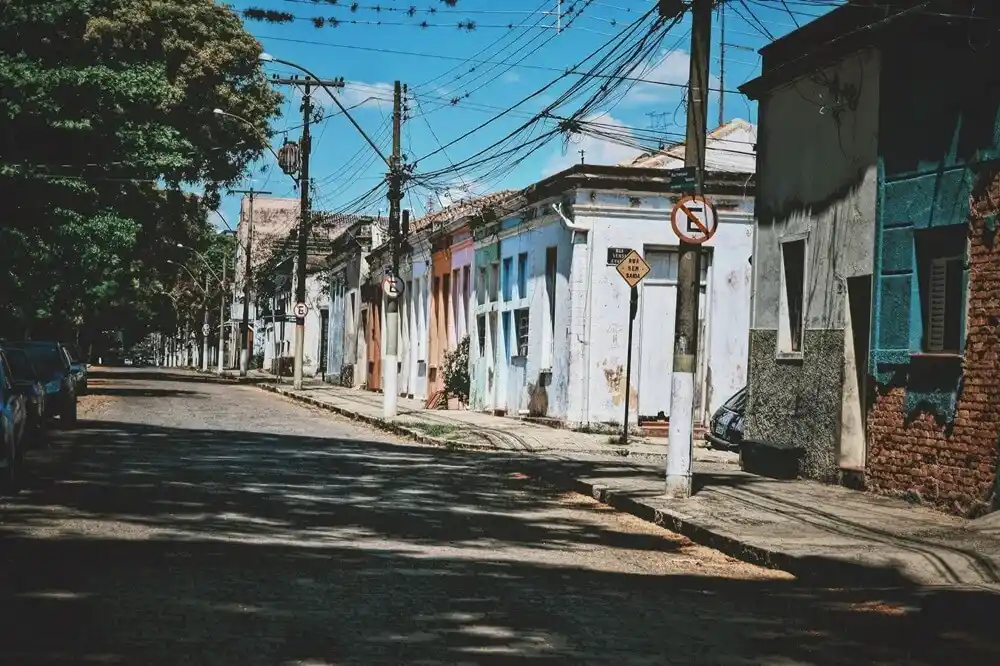 Historic colourful street with colonial buildings in Campinas Brazil.