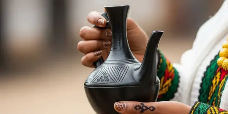 Close-up of hands holding a steaming jebena in Ethiopia.