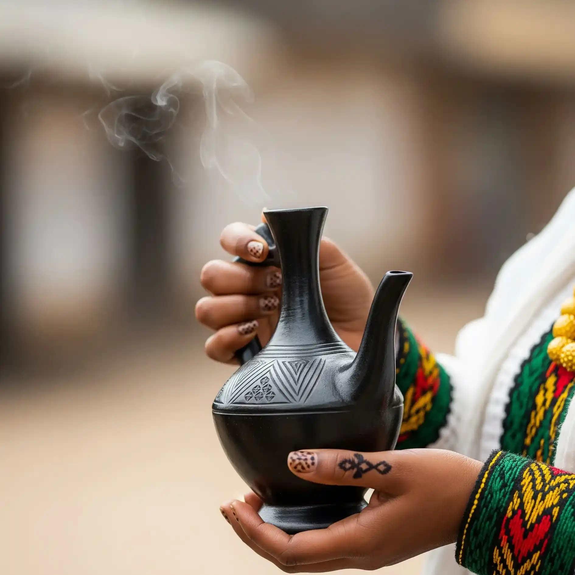 Close-up of hands holding a steaming jebena in Ethiopia.