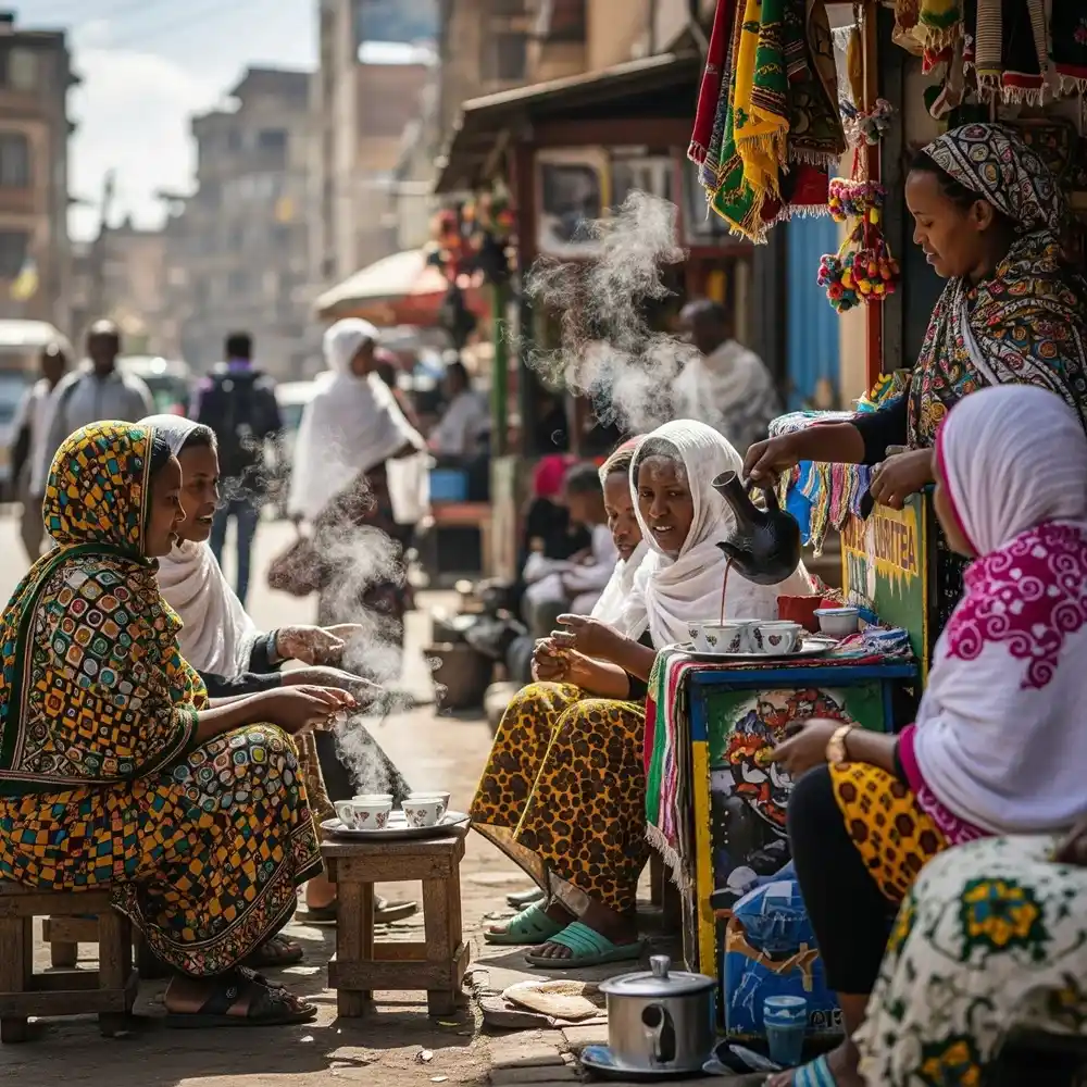 Street coffee stall in Addis Ababa with locals enjoying coffee.