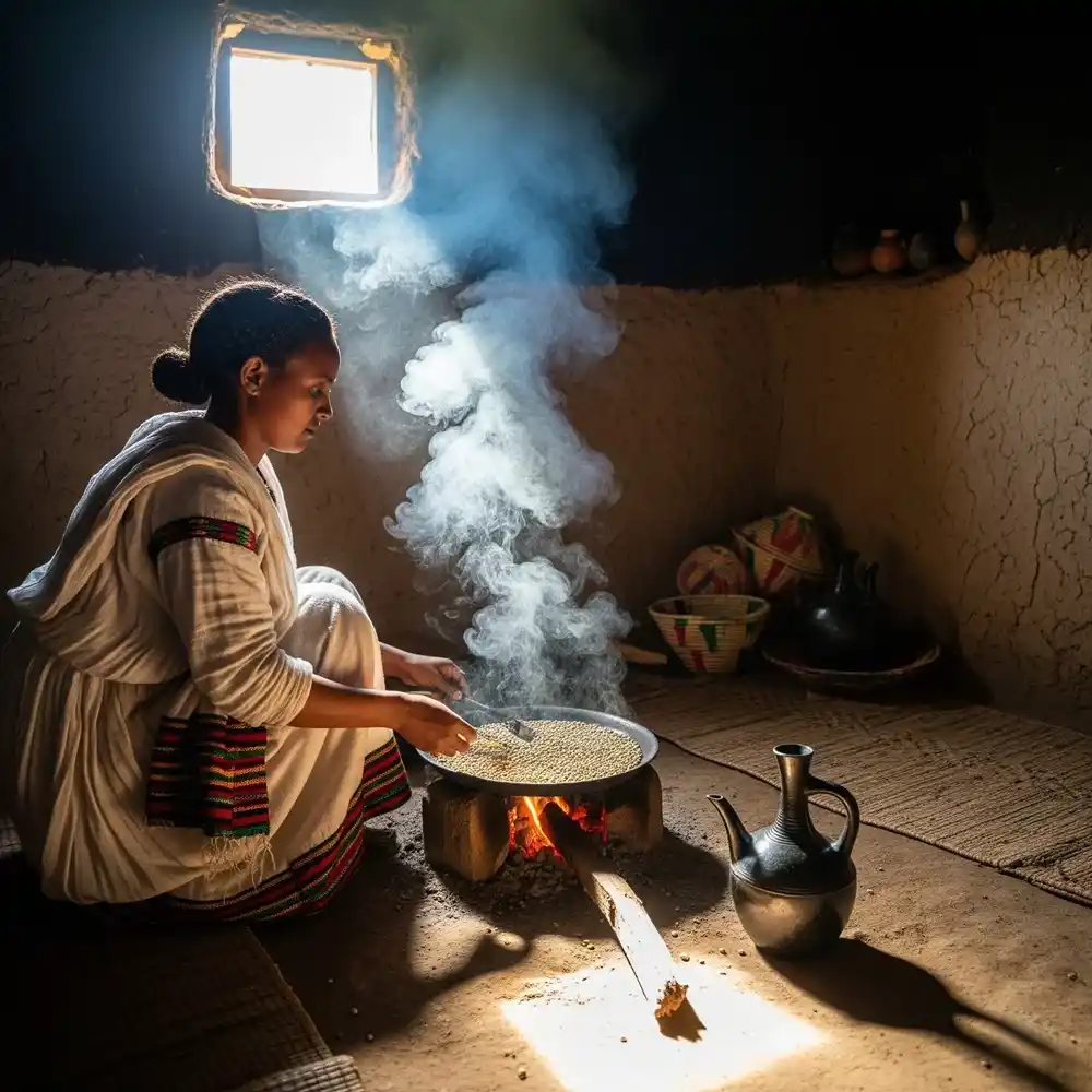 Ethiopian woman roasting coffee beans for a traditional ceremony.
