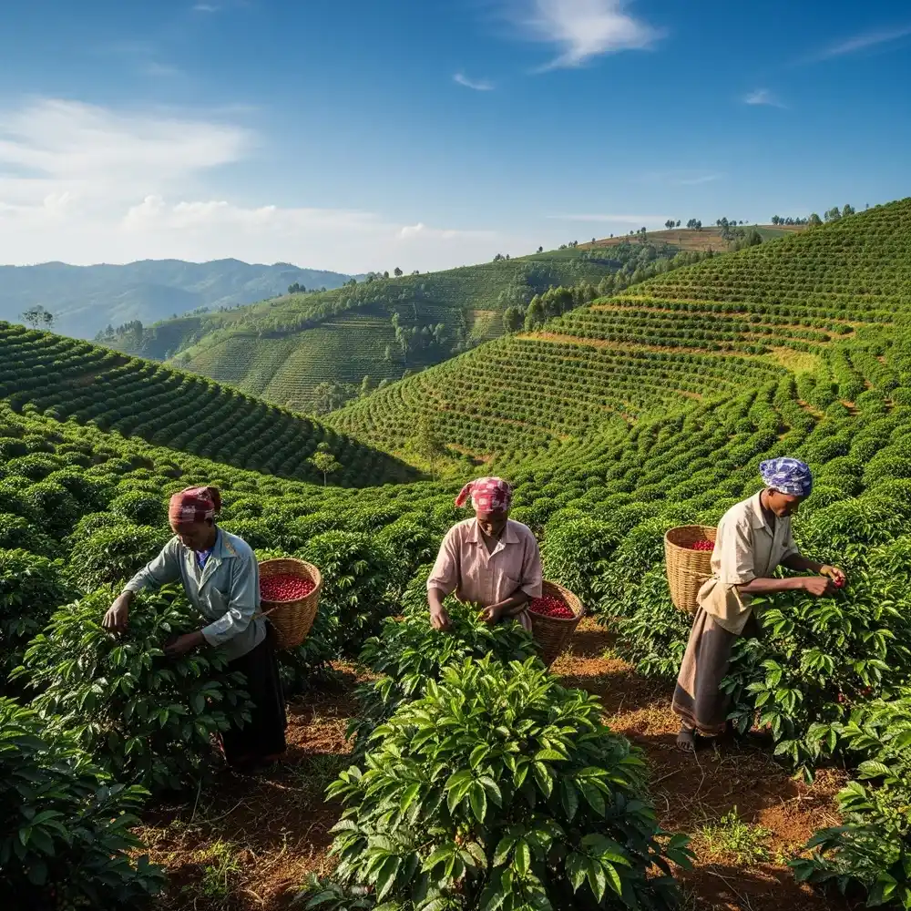 Coffee farmers harvesting in the lush Ethiopian highlands.