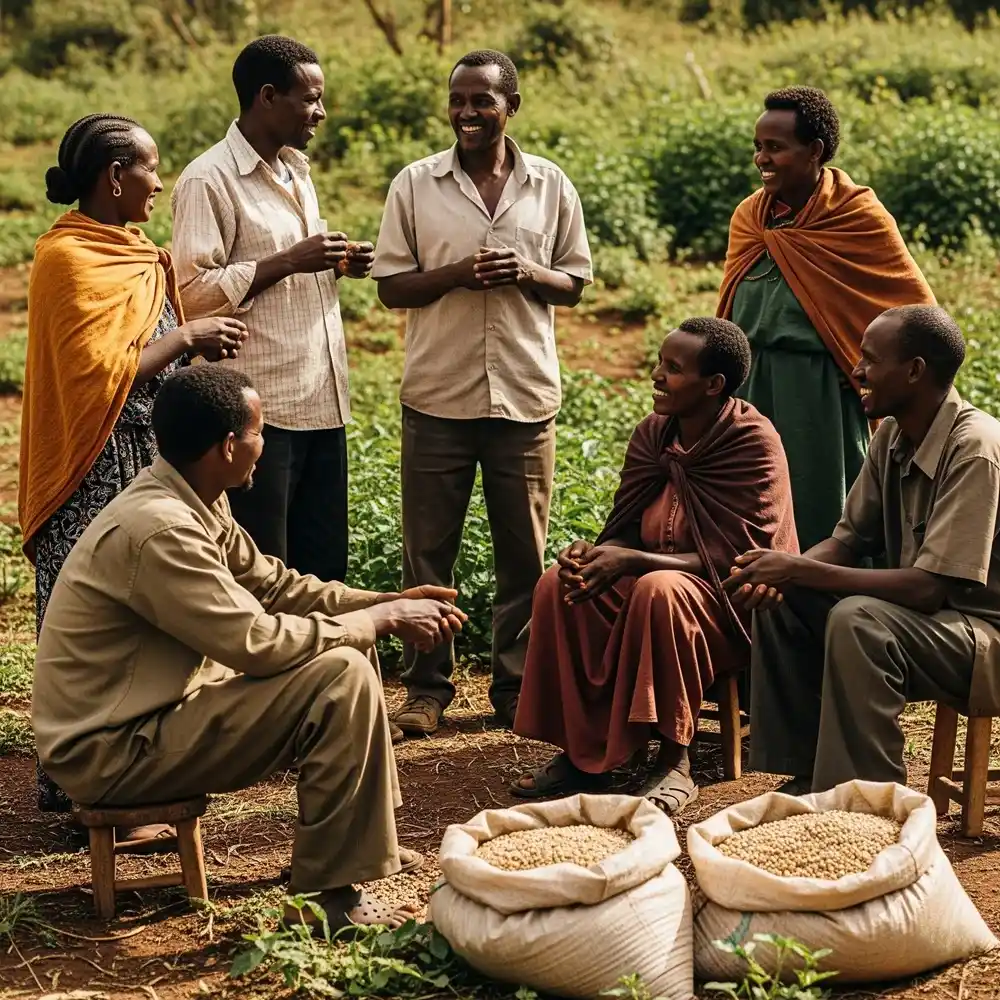 Ethiopian coffee farmers in a small group sharing conversation near sacks of beans.