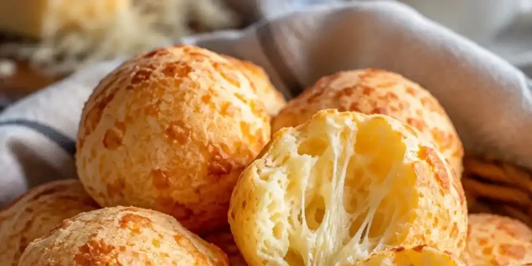 Golden Brazilian pão de queijo cheese breads, including one split open to show its soft, airy centre.
