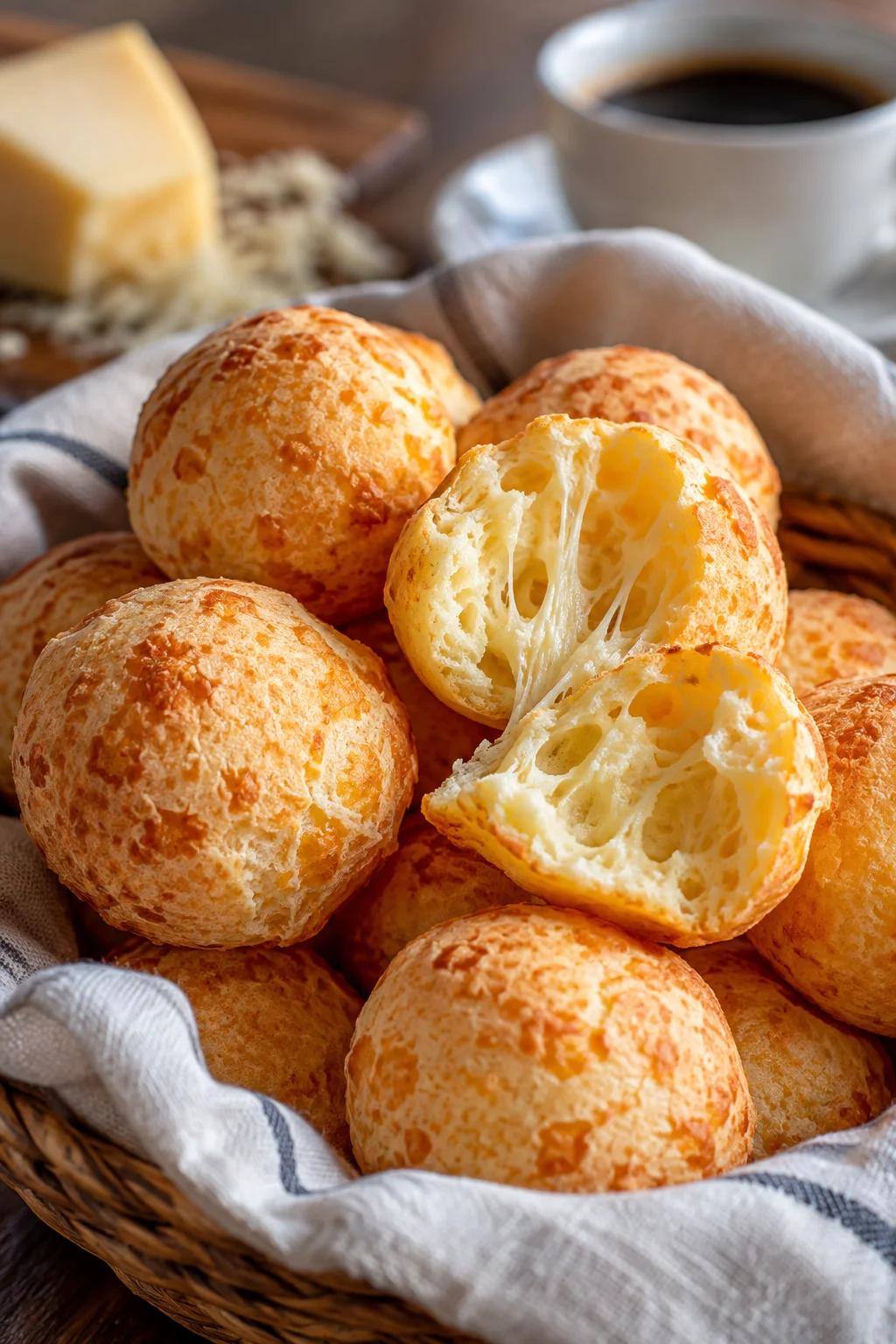 Golden Brazilian pão de queijo cheese breads, including one split open to show its soft, airy centre.