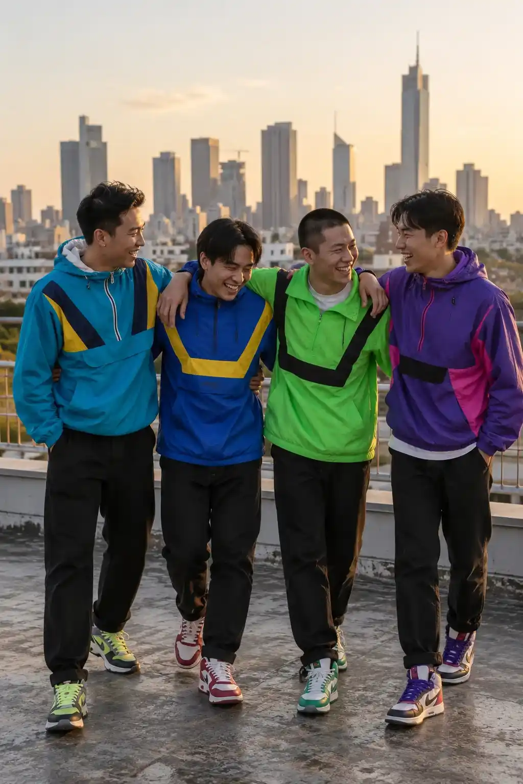 Four friends laughing on a rooftop at sunset in colourful retro windbreakers, black trousers and high-top sneakers.