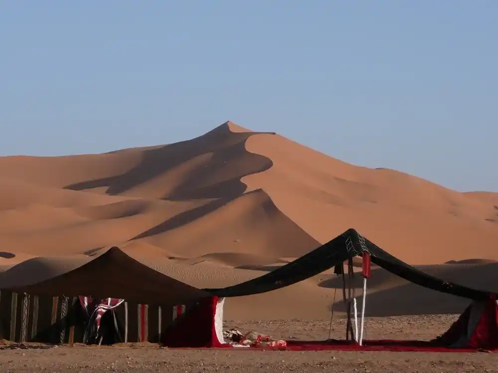 Two dark nomad tents with red rugs and striped walls in front of a towering orange sand dune under a clear blue sky.