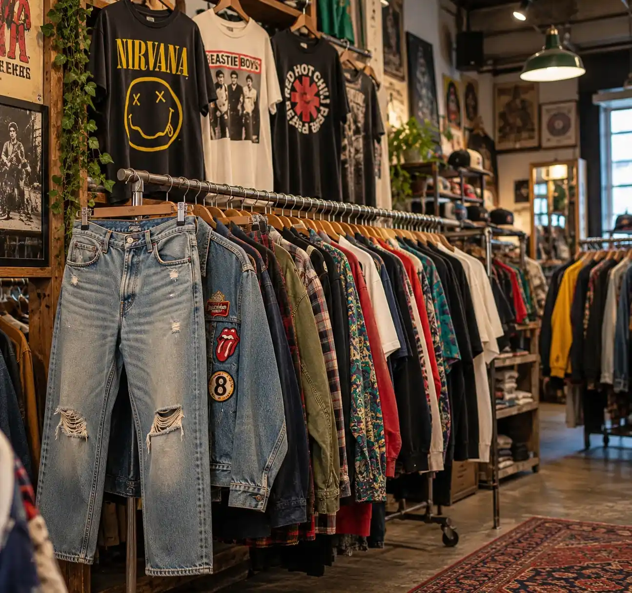 Vintage clothing shop with band T-shirts on the wall, ripped jeans, a patched denim jacket and racks of retro clothes.