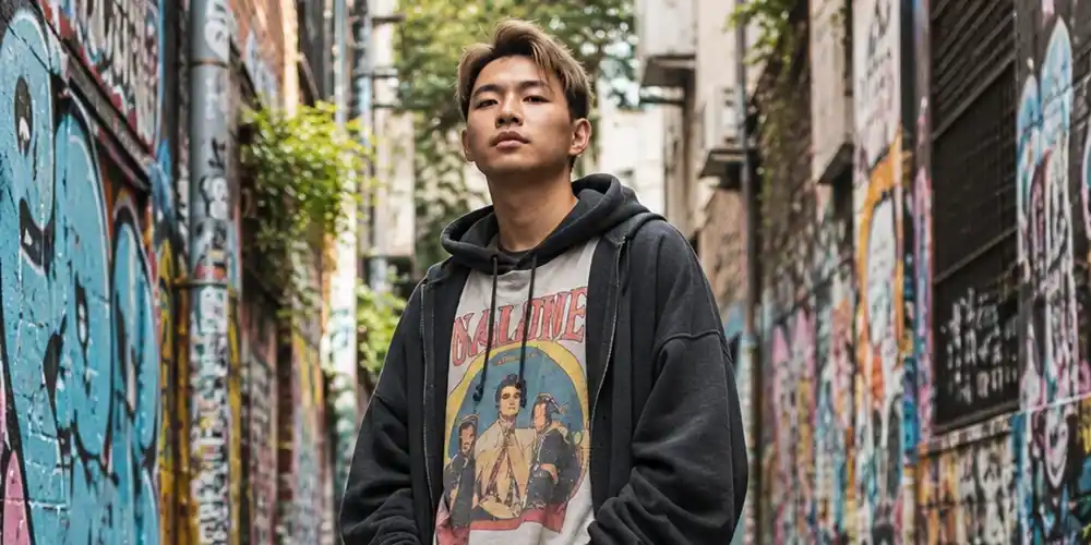 Young man in a graffiti-covered alley wearing a charcoal zip hoodie, vintage graphic tee, baggy jeans and chunky sneakers.