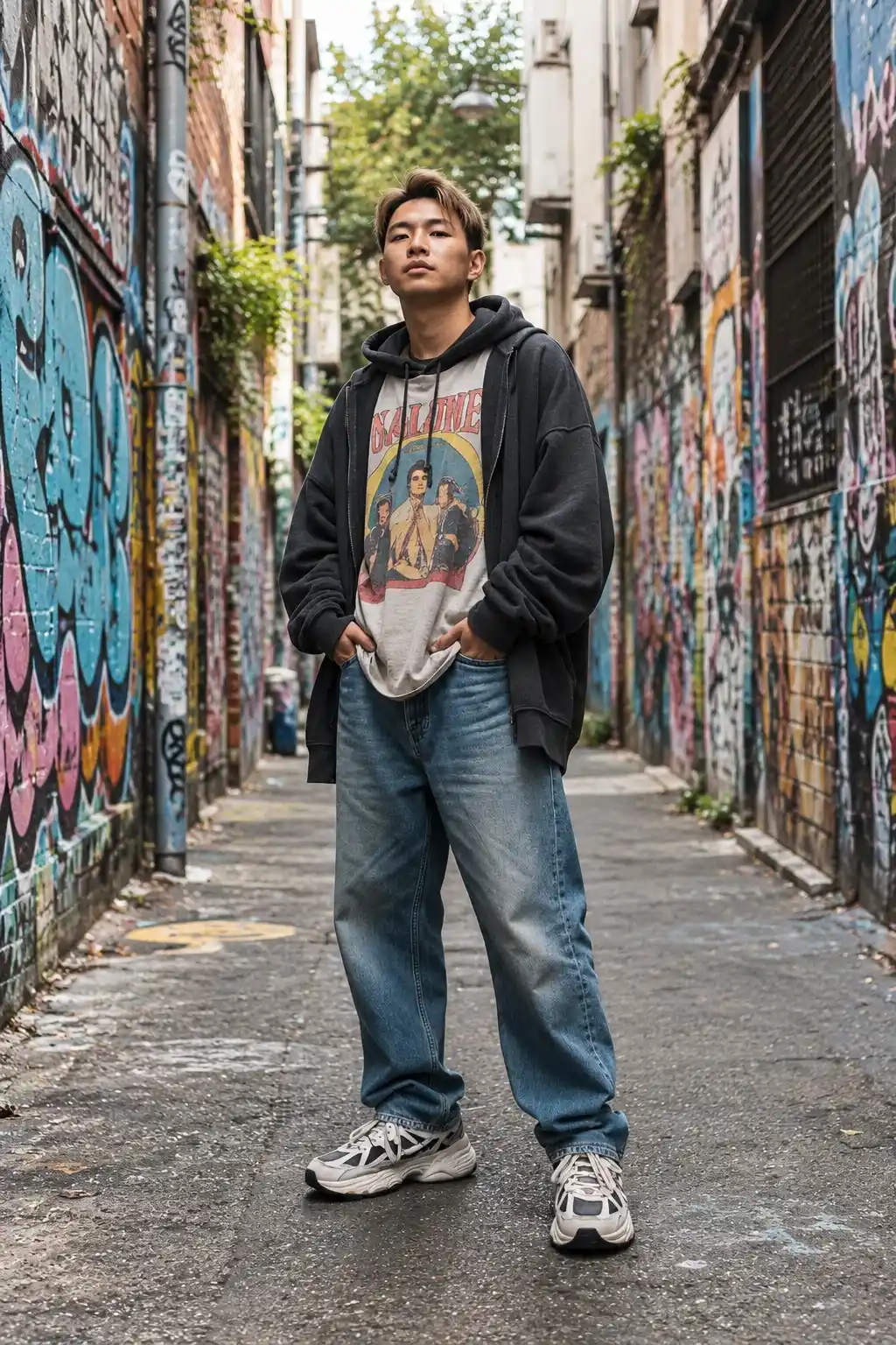Young man in a graffiti-covered alley wearing a charcoal zip hoodie, vintage graphic tee, baggy jeans and chunky sneakers.